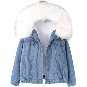 imageFlygo Womens Oversized Warm Sherpa Lined Faux Fur Hooded Denim Jacket Jean CoatWhite