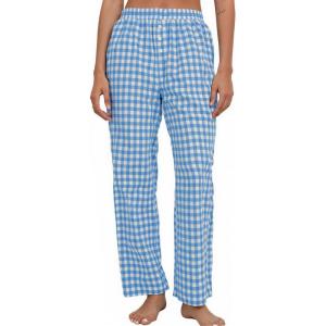 imageFlygo Womens Pajama Pants Wide Leg Gingham Lounge Pants Plaid Cotton Pajama Bottoms with PocketsBlue