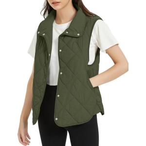 imageFlygo Womens Quilted Vest Stand Collar Lightweight Button Down Puffer Padded Outerwear Gilet with PocketsArmy Green