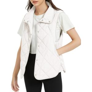 imageFlygo Womens Quilted Vest Stand Collar Lightweight Button Down Puffer Padded Outerwear Gilet with PocketsBeige