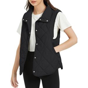 imageFlygo Womens Quilted Vest Stand Collar Lightweight Button Down Puffer Padded Outerwear Gilet with PocketsBlack