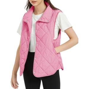 imageFlygo Womens Quilted Vest Stand Collar Lightweight Button Down Puffer Padded Outerwear Gilet with PocketsPink
