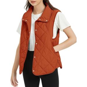 imageFlygo Womens Quilted Vest Stand Collar Lightweight Button Down Puffer Padded Outerwear Gilet with PocketsReddish Orange