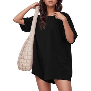 imageFlygo Womens Romper Short Sleeve Tee Rompers Crewneck Jumpsuit Back V Neck Casual Hot Shot One Piece Outfits with PocketsBlack