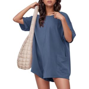 imageFlygo Womens Romper Short Sleeve Tee Rompers Crewneck Jumpsuit Back V Neck Casual Hot Shot One Piece Outfits with PocketsBlue