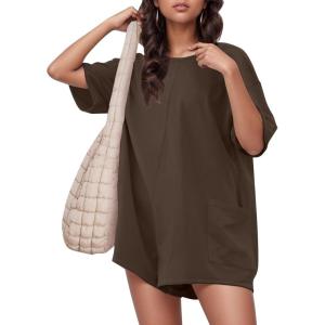 imageFlygo Womens Romper Short Sleeve Tee Rompers Crewneck Jumpsuit Back V Neck Casual Hot Shot One Piece Outfits with PocketsChocolate Chip