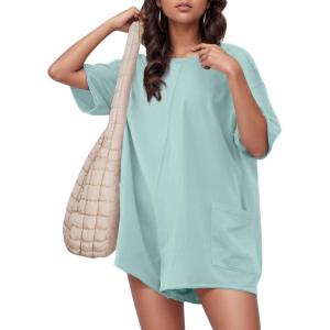 imageFlygo Womens Romper Short Sleeve Tee Rompers Crewneck Jumpsuit Back V Neck Casual Hot Shot One Piece Outfits with PocketsLight Blue