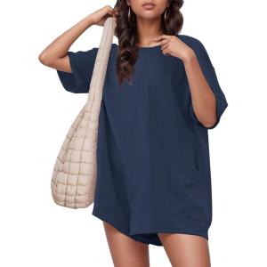 imageFlygo Womens Romper Short Sleeve Tee Rompers Crewneck Jumpsuit Back V Neck Casual Hot Shot One Piece Outfits with PocketsNavy Blue