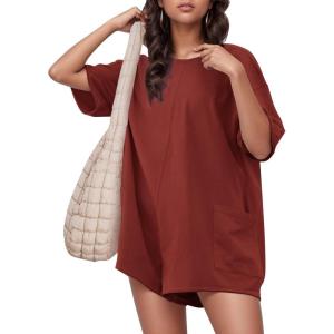 imageFlygo Womens Romper Short Sleeve Tee Rompers Crewneck Jumpsuit Back V Neck Casual Hot Shot One Piece Outfits with PocketsRust