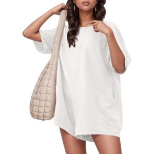 imageFlygo Womens Romper Short Sleeve Tee Rompers Crewneck Jumpsuit Back V Neck Casual Hot Shot One Piece Outfits with PocketsWhite