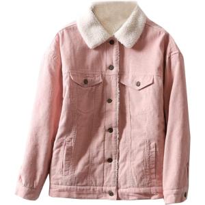 imageFlygo Womens Single Breasted Sherpa Fleece Lined Fur Collar Corduroy JacketPink