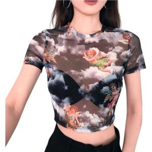 imageFlygo Womens Stretch Mesh Long Sleeve High Neck Angel Print Sexy Sheer Mesh Crop Top TShirtBlack 01