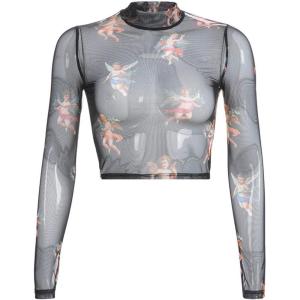 imageFlygo Womens Stretch Mesh Long Sleeve High Neck Angel Print Sexy Sheer Mesh Crop Top TShirtBlack 02