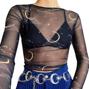 imageFlygo Womens Stretch Mesh Long Sleeve High Neck Angel Print Sexy Sheer Mesh Crop Top TShirtBlack 03