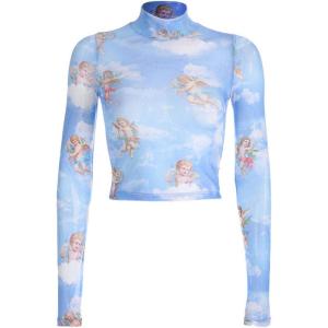 imageFlygo Womens Stretch Mesh Long Sleeve High Neck Angel Print Sexy Sheer Mesh Crop Top TShirtBlue 02