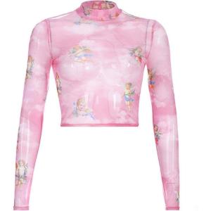 imageFlygo Womens Stretch Mesh Long Sleeve High Neck Angel Print Sexy Sheer Mesh Crop Top TShirtPink