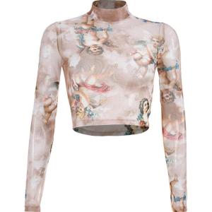 imageFlygo Womens Stretch Mesh Long Sleeve High Neck Angel Print Sexy Sheer Mesh Crop Top TShirtSkin Color 02