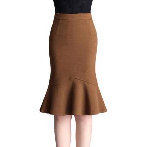 imageFlygo Womens Trendy Wool Blend Mermaid Skirt Midi Tail Pencil SkirtsKhaki
