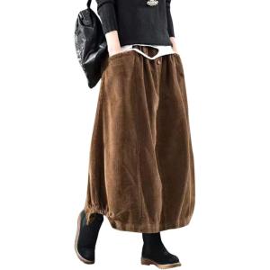 imageFlygo Womens Vintage Corduroy ALine Pleated Long Midi Skirt with PocketsCoffee