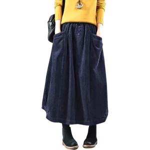imageFlygo Womens Vintage Corduroy ALine Pleated Long Midi Skirt with PocketsNavy Blue