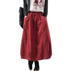 imageFlygo Womens Vintage Corduroy ALine Pleated Long Midi Skirt with PocketsRed