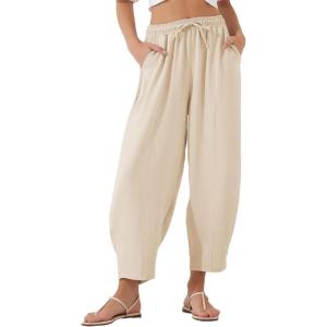 imageFlygo Womens Wide Leg Baggy Pants Casual Elastic High Waisted Palazzo Harem Slacks Ankle Length Loose Trousers with PocketsApricot