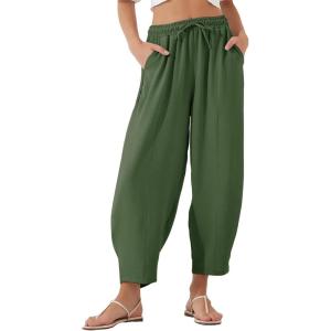 imageFlygo Womens Wide Leg Baggy Pants Casual Elastic High Waisted Palazzo Harem Slacks Ankle Length Loose Trousers with PocketsArmygreen