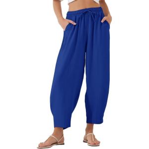 imageFlygo Womens Wide Leg Baggy Pants Casual Elastic High Waisted Palazzo Harem Slacks Ankle Length Loose Trousers with PocketsBlue