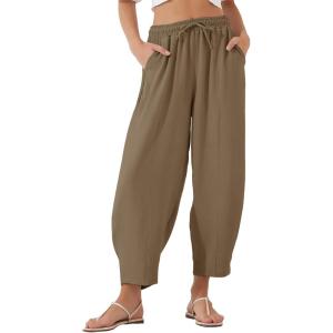 imageFlygo Womens Wide Leg Baggy Pants Casual Elastic High Waisted Palazzo Harem Slacks Ankle Length Loose Trousers with PocketsChestnut