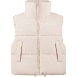 imageFlygo Womens Winter Crop Vest Sleeveless Quilted Puffer Vest Padded Gilet Jacket Warm Outerwear PocketsBeige