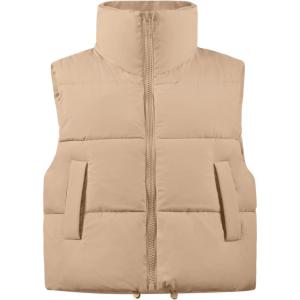 imageFlygo Womens Winter Crop Vest Sleeveless Quilted Puffer Vest Padded Gilet Jacket Warm Outerwear PocketsKhaki