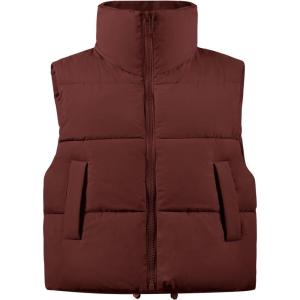 imageFlygo Womens Winter Crop Vest Sleeveless Quilted Puffer Vest Padded Gilet Jacket Warm Outerwear PocketsReddish Brown