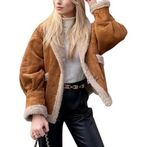 imageFlygo Womens Winter Faux Suede Jacket Sherpa Lined Jacket Button Down Lapel Fleece Jacket Winter Coat with PocketsCamel
