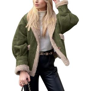 imageFlygo Womens Winter Faux Suede Jacket Sherpa Lined Jacket Button Down Lapel Fleece Jacket Winter Coat with PocketsGreen
