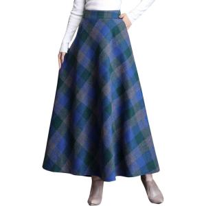 imageFlygo Womens Winter Warm Wool Plaid ALine Pleated Maxi Long Skirt Back ElasticBlue Plaid