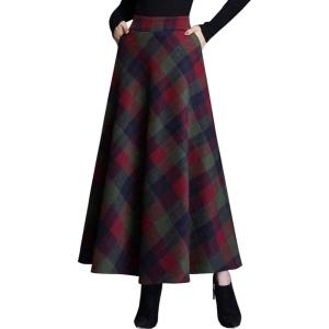 imageFlygo Womens Winter Warm Wool Plaid ALine Pleated Maxi Long Skirt Back ElasticGreen Plaid