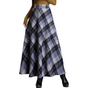 imageFlygo Womens Winter Warm Wool Plaid ALine Pleated Maxi Long Skirt Back ElasticGrey Plaid