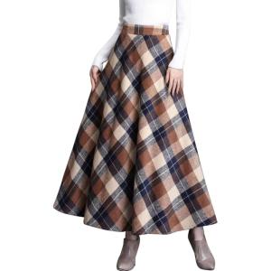 imageFlygo Womens Winter Warm Wool Plaid ALine Pleated Maxi Long Skirt Back ElasticKhaki Plaid