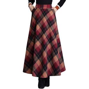 imageFlygo Womens Winter Warm Wool Plaid ALine Pleated Maxi Long Skirt Back ElasticWine Plaid