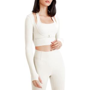 imageFlygo Yoga Shirts with Built in Bra Cutout Padded Crop Tops Long Sleeve Gym T Shirt for Women WorkoutBeige