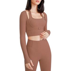 imageFlygo Yoga Shirts with Built in Bra Cutout Padded Crop Tops Long Sleeve Gym T Shirt for Women WorkoutCoco