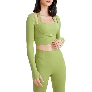 imageFlygo Yoga Shirts with Built in Bra Cutout Padded Crop Tops Long Sleeve Gym T Shirt for Women WorkoutGreen