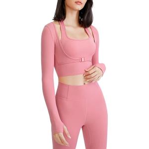 imageFlygo Yoga Shirts with Built in Bra Cutout Padded Crop Tops Long Sleeve Gym T Shirt for Women WorkoutPink