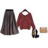 imageFlygo Womens ALine Elastic High Waisted Pleated Flared Vintage Midi Swing SkirtCoffee