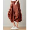 imageFlygo Womens Retro Elastic Waist Pleated Baggy Linen Midi Skirts with PocketsCaramel