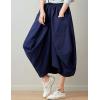 imageFlygo Womens Retro Elastic Waist Pleated Baggy Linen Midi Skirts with PocketsNavy