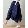 imageFlygo Womens Retro Elastic Waist Pleated Baggy Linen Midi Skirts with PocketsNavy