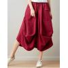 imageFlygo Womens Retro Elastic Waist Pleated Baggy Linen Midi Skirts with PocketsRed
