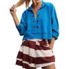 imageFlygo Sweatshirt for Women Pieced Popover Henley Top Cropped Lapel V Neck Pullover Oversized Sweatshirts 2025 TrendyBlue