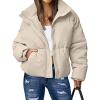 imageFlygo Womens Cropped Puffer Jacket Zip Up Stand Collar Lightweight Quilted Padded Down Winter Warm Jackets Coats with PocketsBeige